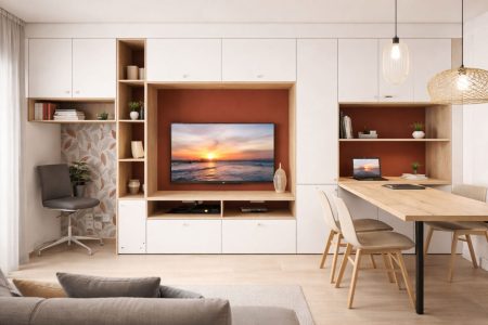 Aménagement de salon avec meuble TV et bibliothèque sur mesure à Bordeaux, agencement intérieur alliant design, fonctionnalité et harmonie des espaces