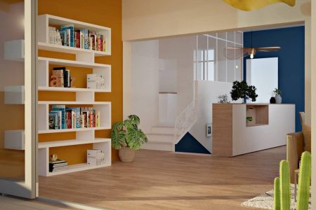Bibliothèque sur mesure en bois pour salon design à Bordeaux, agencement intérieur élégant alliant rangement fonctionnel et esthétique contemporaine