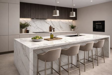 Cuisine Luxe Granit Blanc Veine Ilot Central