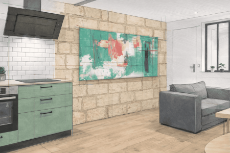 Cuisine ouverte sur salon rénovée à Bordeaux Mériadeck, agencement sur mesure modernisant l’espace de vie avec un design contemporain et convivial