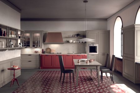 Cuisine en rouge et taupe au style authentique et chaleureux à Bordeaux, agencement sur mesure alliant caractère, convivialité et design élégant