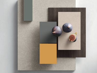 Moodboard de cuisine avec sélection de couleurs et matériaux, choix des matières pour un agencement intérieur design sur mesure, outil de projection et d’inspiration pour un projet harmonieux
